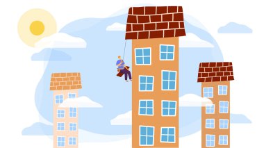 Gökdelen bakım işçisi çizgi film karakteri, vektör illüstrasyonu