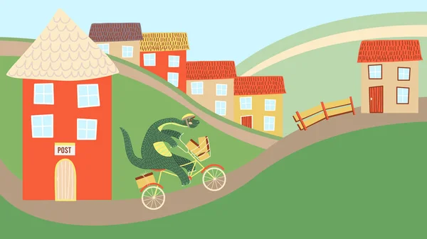 Dinossauro bonito montando uma bicicleta, entrega de correio na cidade dos desenhos animados, ilustração vetorial —  Vetores de Stock