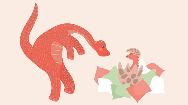 Cute dinosaur newborn baby and parent, cartoon characters vector illustration — Stock Vector