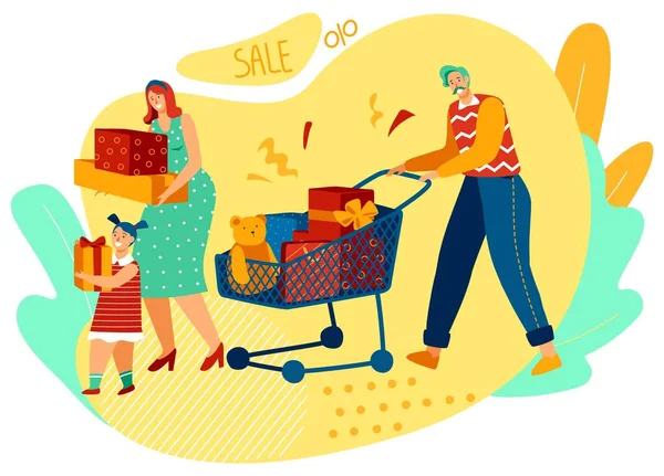 Rodinné nákupy, šťastní rodiče a dcera kupující dárky, vektorová ilustrace — Stockový vektor