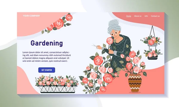 Äldre kvinna odling växter, trädgårdsskötsel hobby webbplats design, vektor illustration — Stock vektor