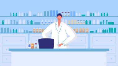 Eczanede eczacı, eczanede çalışan adam, vektör çizimi.