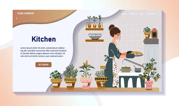 Mulher assar torta na cozinha, casa de cozinhar website design, ilustração vetor —  Vetores de Stock