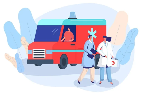 Doctor and nurse at ambulance car, first aid vehicle vector illustration — Stock Vector