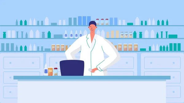 Pharmacist in drugstore, man working in pharmacy, vector illustration — 图库矢量图片