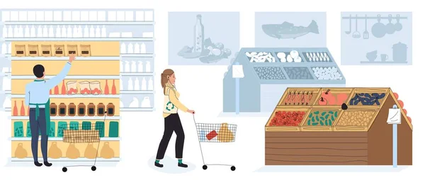 Gente comprando en tienda de comestibles, cliente de supermercado, ilustración vectorial — Archivo Imágenes Vectoriales