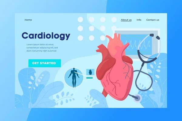 Diseño del sitio web de cardiología, clínica de tratamiento de enfermedades cardíacas, ilustración vectorial — Archivo Imágenes Vectoriales