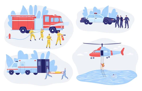 Pohotovostní služba policie, ambulance, hasiči a záchranný vektor ilustrace — Stockový vektor