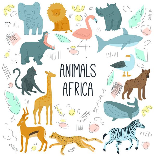 African animals hand drawn cartoon characters vector illustration