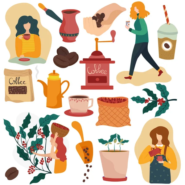 Kávékészítési folyamat, izolált ikonvektor illusztrációk — Stock Vector