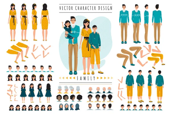 Familia personajes de dibujos animados constructor conjunto vector ilustración — Vector de stock