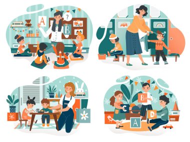 Kindergarten teacher with children, babysitter with kids, people vector illustration