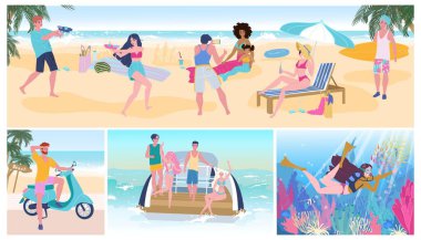 Summer vacation party on beach, people having fun, active leisure vector illustration
