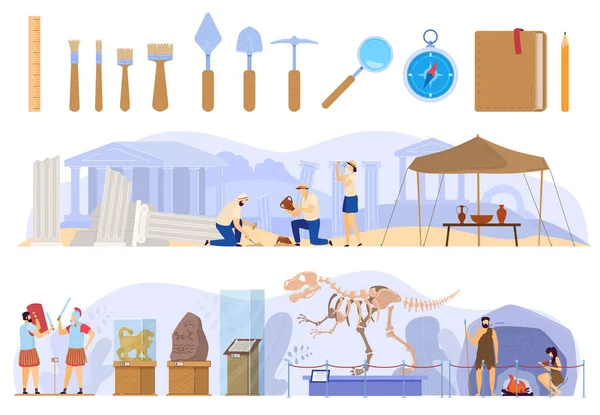 Archaeological excavations in antique ruins, history museum exhibition vector illustration — Stockvector
