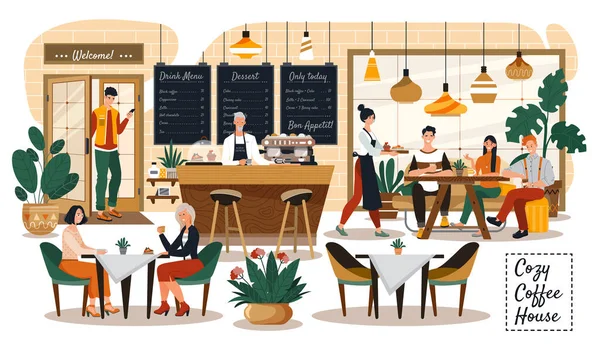 Люди в уютном кафе, интерьер кофейни, клиенты и официантка, векторная иллюстрация — стоковый вектор