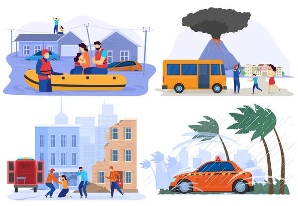 Emergency evacuating people from natural disasters, flood, earthquake, vector illustration — Stockvector