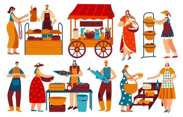 Personas en el mercado, compra y venta de alimentos locales saludables, ilustración vectorial — Archivo Imágenes Vectoriales