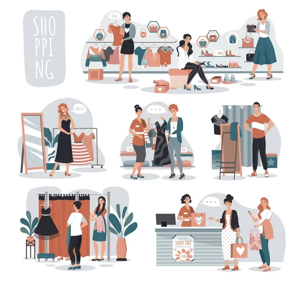 Mujer de compras en la tienda de moda, la gente en boutique, vector de ilustración — Vector de stock