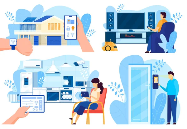 Smart house technologies, people controlling home systems remotely, vector illustration — 스톡 벡터