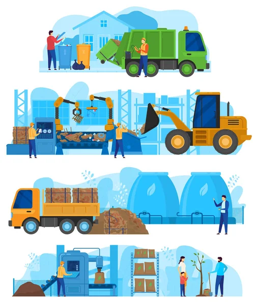 Fábrica de procesamiento de residuos, máquinas de la industria de reciclaje de basura, automóviles, furgonetas y tractores con ilustración de vectores de trabajadores — Vector de stock