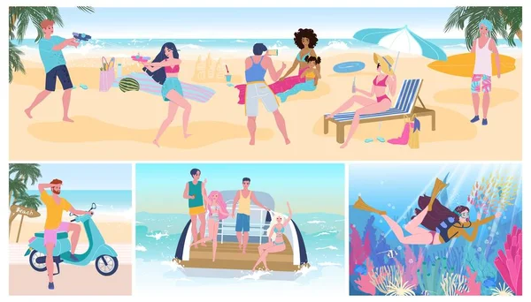 Fiesta de vacaciones de verano en la playa, personas que se divierten, ilustración vector de ocio activo — Vector de stock