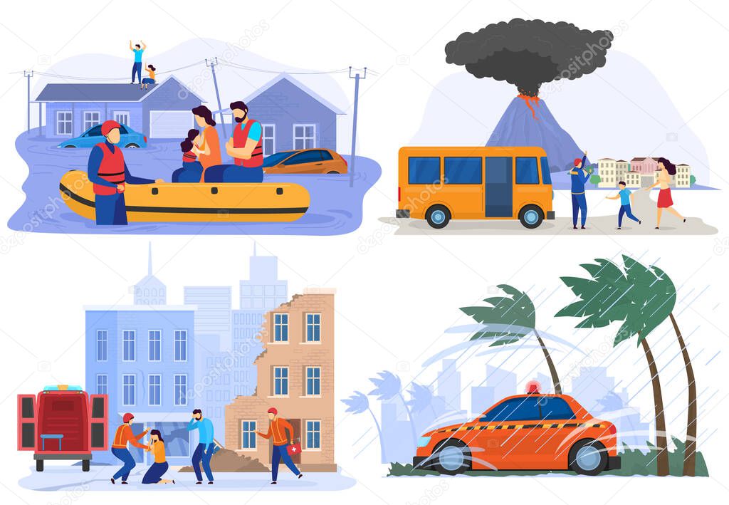 Emergency evacuating people from natural disasters, flood, earthquake, vector illustration