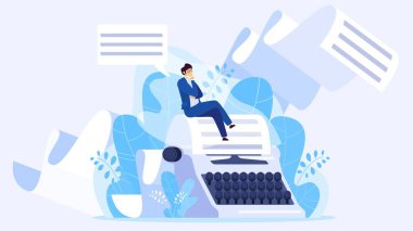 Author writing a book, tiny man sitting on huge typewriter, vector illustration