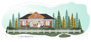 Romantic couple live in cute cottage in forest, people vector illustration