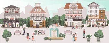 People on central square of cute old town, vector illustration