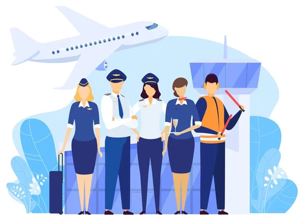 Airport crew standing together, professional airline team in uniform, people vector illustration — 스톡 벡터