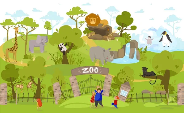 Happy family going to zoo, exotic animals cartoon characters, people vector illustration — 스톡 벡터