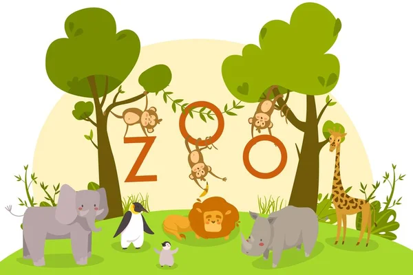 Animais de zoológico, personagens de desenhos animados bonitos, leão, macacos e pinguins, ilustração vetorial —  Vetores de Stock