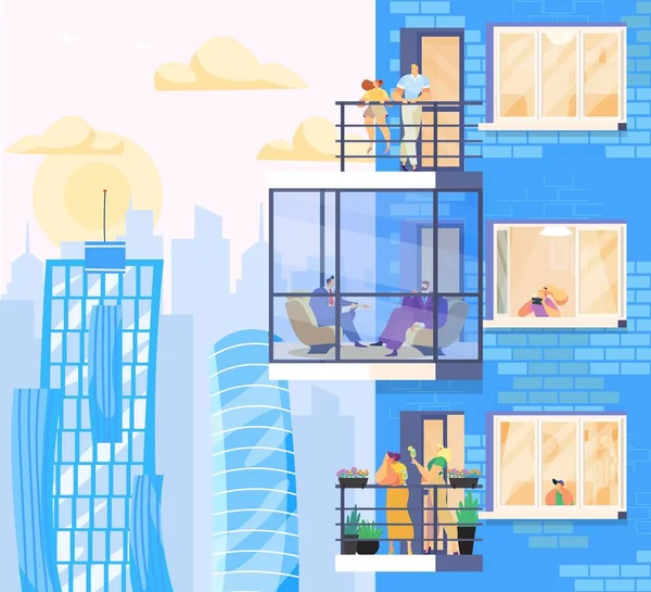 Pessoas em casa, desfrutar de vista da cidade a partir de apartamentos modernos em arranha-céu, ilustração vetorial —  Vetores de Stock