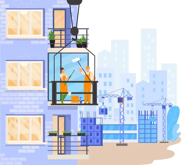 Workers cleaning balcony window outside building, people vector illustration — 图库矢量图片