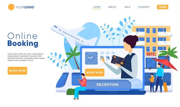 Hotel website design, online booking service, people vector illustration — Stock vektor