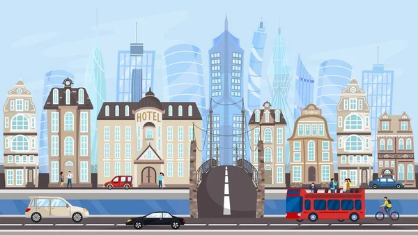 Architecture of modern metropolis, city buildings and traffic, vector illustration — Wektor stockowy
