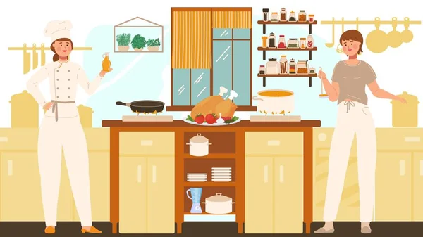 Women cooking in kitchen, professional chef and housewife, people vector illustration — Stock Vector