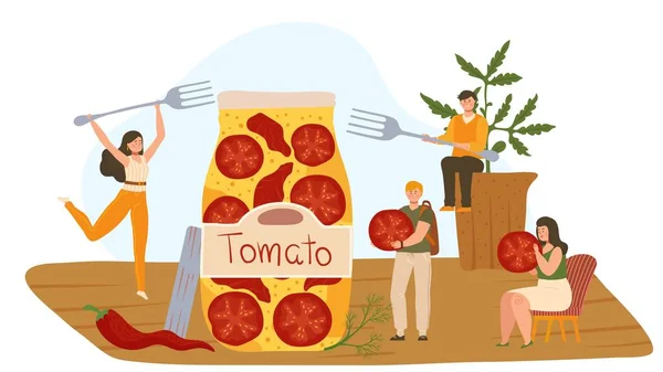 Tiny people opened a huge jar of dried tomatoes, vector illustration — 스톡 벡터