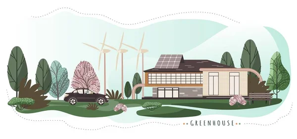Casa ecologica con tecnologie moderne, illustrazione vettoriale — Vettoriale Stock