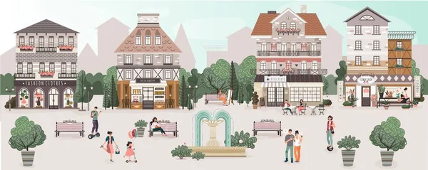 People on central square of cute old town, vector illustration — 图库矢量图片