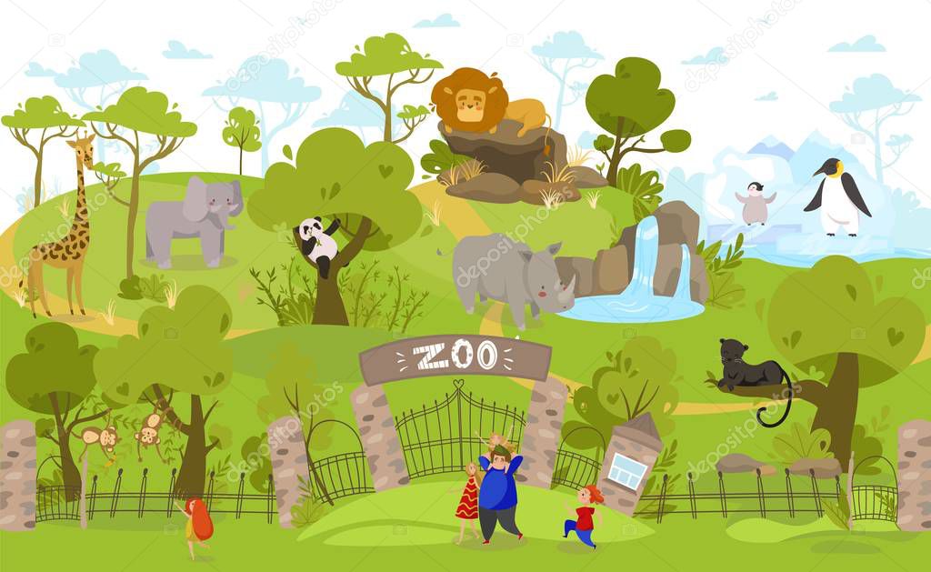 Happy family going to zoo, exotic animals cartoon characters, people vector illustration