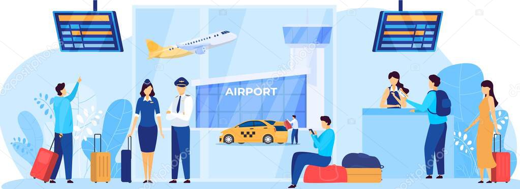 Airport services, flight crew and passengers, people vector illustration