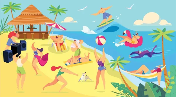 Καλοκαιρινές διακοπές παραλία δραστηριότητες, χαρακτήρες κινουμένων σχεδίων άτομα διανυσματική απεικόνιση — Διανυσματικό Αρχείο