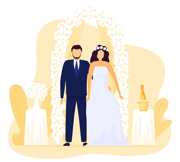 Brud och brudgum vid bröllopsceremoni, glada nygifta par, vektor illustration — Stock vektor
