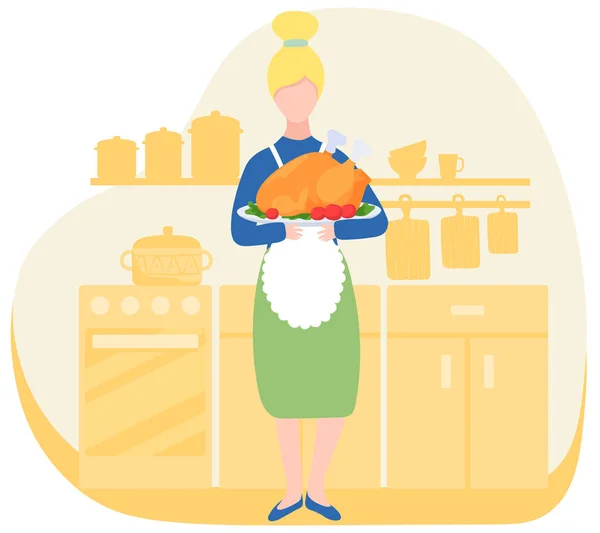 Nő a konyhában pörkölt pulyka, hagyományos hálaadási étel, vektor illusztráció — Stock Vector