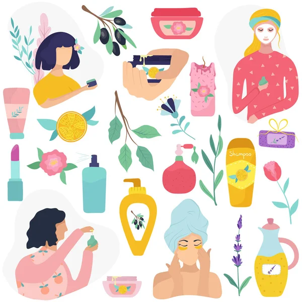 Cosmética natural y productos para el cuidado de la piel de las mujeres, ilustración vectorial. Set de pegatinas, iconos aislados en estilo plano — Vector de stock