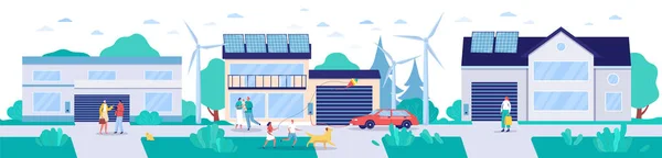 Cidade moderna com tecnologias de energia renovável, ilustração vetorial. Conceito de estilo de vida favorável ao meio ambiente, casas com painéis solares, turbinas eólicas e carros elétricos. Ambiente energético sustentável . —  Vetores de Stock