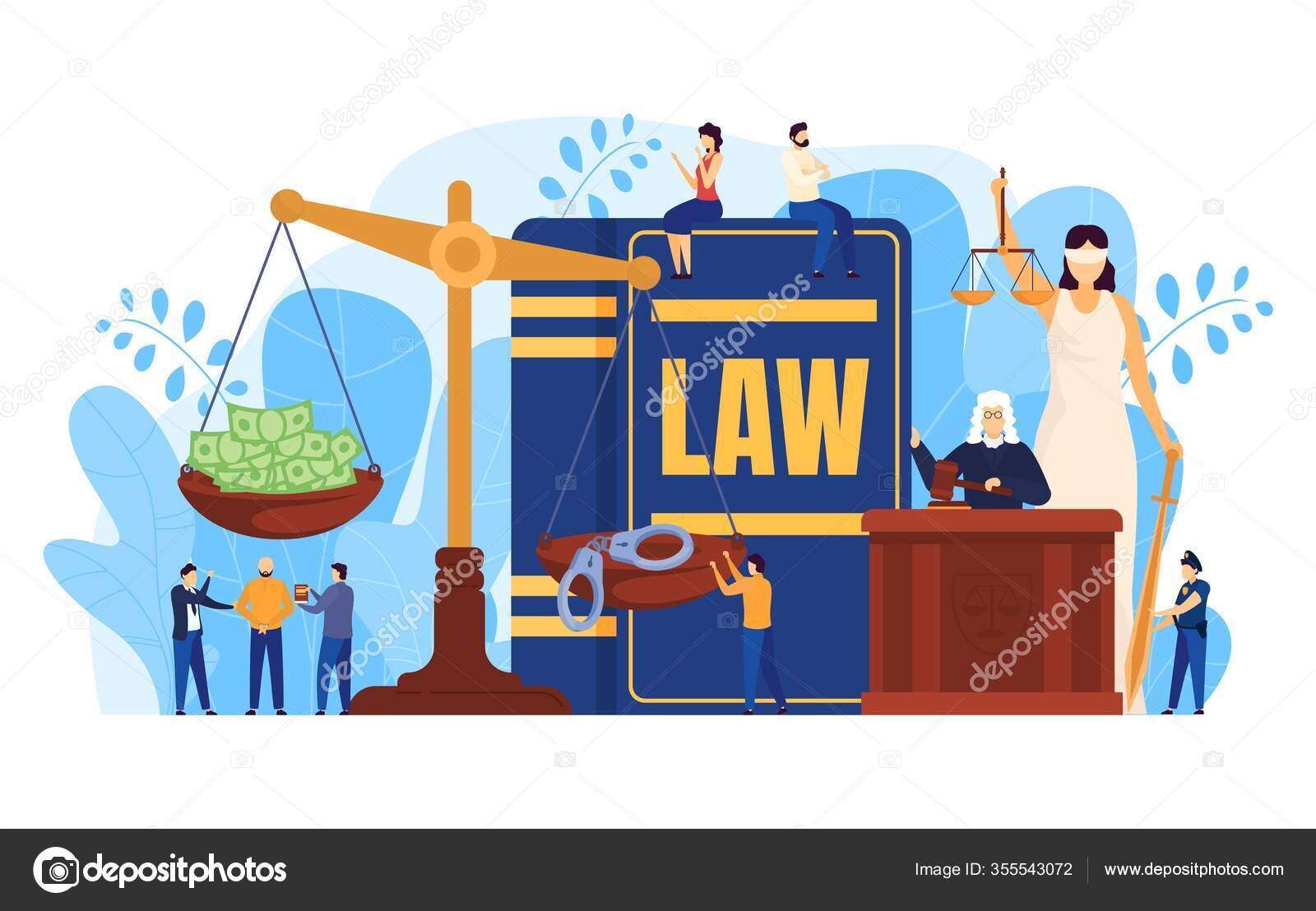 Law concept, judge and lawyers in courtroom, scales symbol of justice