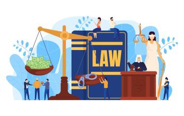 Hukuk konsepti, mahkeme salonunda yargıç ve avukatlar, adaletin sembolü, insanların illüstrasyonları