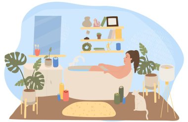 Evdeki rahatlatıcı atmosferde yıkanan kadın, insanlar illüstrasyon yapıyor.